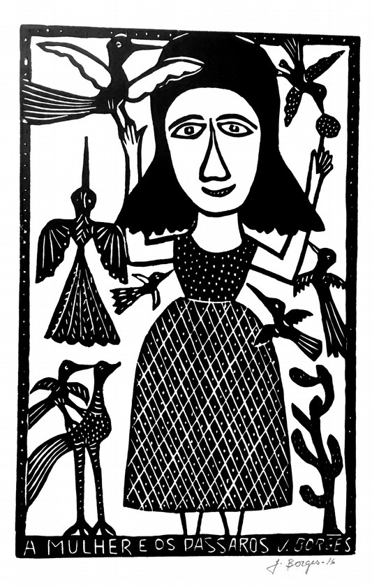 Die Frau und die Vögel - Holzschnitt J.Borges 66 x 48 cm
