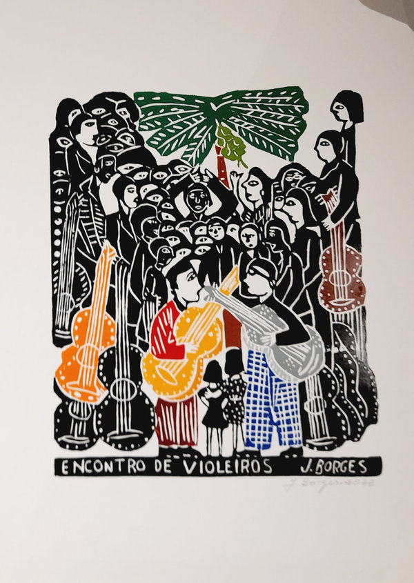 Treffen der Gitarristen - Holzschnitt  J. Borges 66 x 48 cm