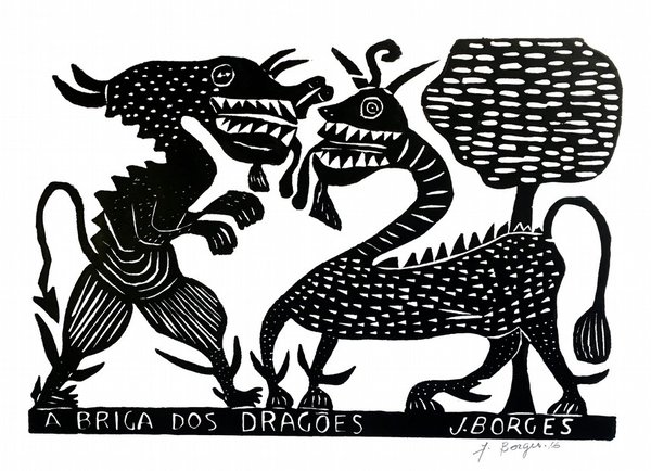 Der Kampf der Drachen   -  Holzschnitte J.Borges 66 x 48 cm