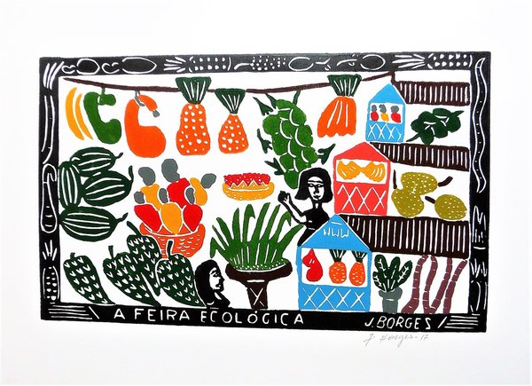 Der ökologische Markt   - Holzschnitt  J.Borges 66 x 48 cm