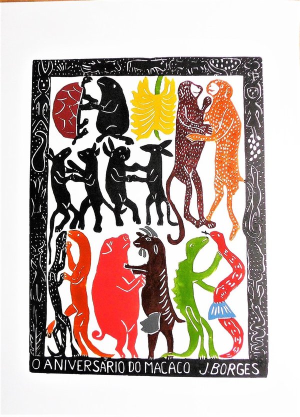 Der Geburtstag des Affen  - Holzschnitt  J.Borges 66 x 48 cm