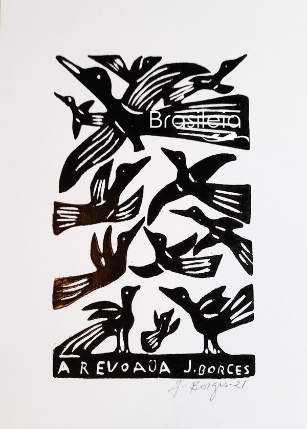 Der Vogelschwarm -  Holzschnitt J.Borges 33 x 24 cm