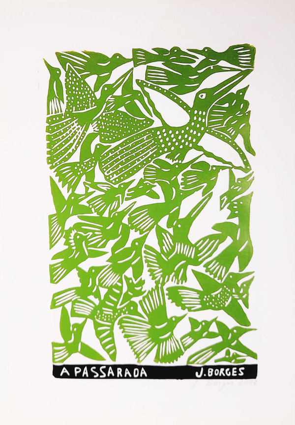 Der Vogelschwarm, grün - Holzschnitt J.Borges  66 x 48 cm