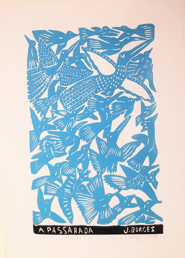 Der Vogelschwarm, blau- Holzschnitt J.Borges  66 x 48 cm