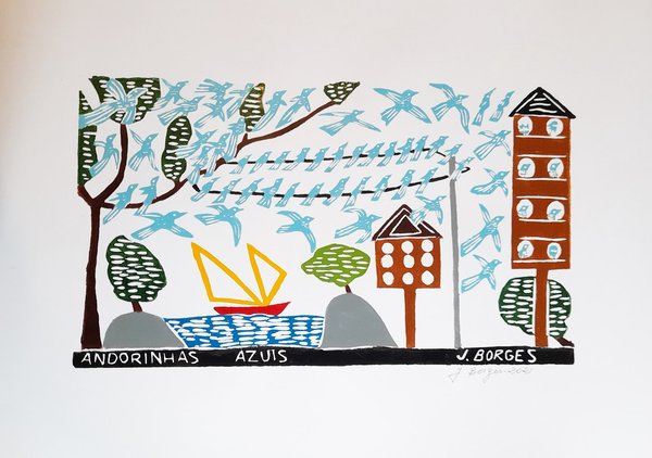Blaue Schwalben - Holzschnitt J.Borges  66 x 48 cm