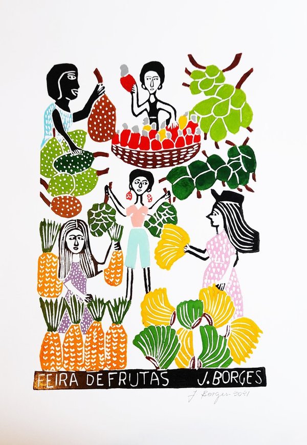 Obstmarkt - Holzschnitt J.Borges  66 x 48 cm