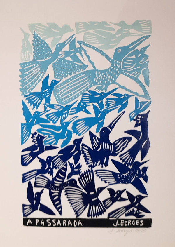 Die Vögel bunt -  blau verlauf Holzschnitt  J. Borges 66 x 48 cm