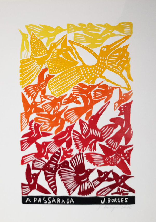 Die Vögel rot gelb orange - Holzschnitt  J. Borges 66 x 48 cm
