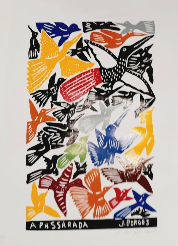 Die Vögel  -  Bunt Holzschnitt  J. Borges 66 x 48 cm