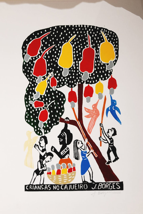 Kinder im Caju-Hain - Holzschnitt  J. Borges 66 x 48 cm